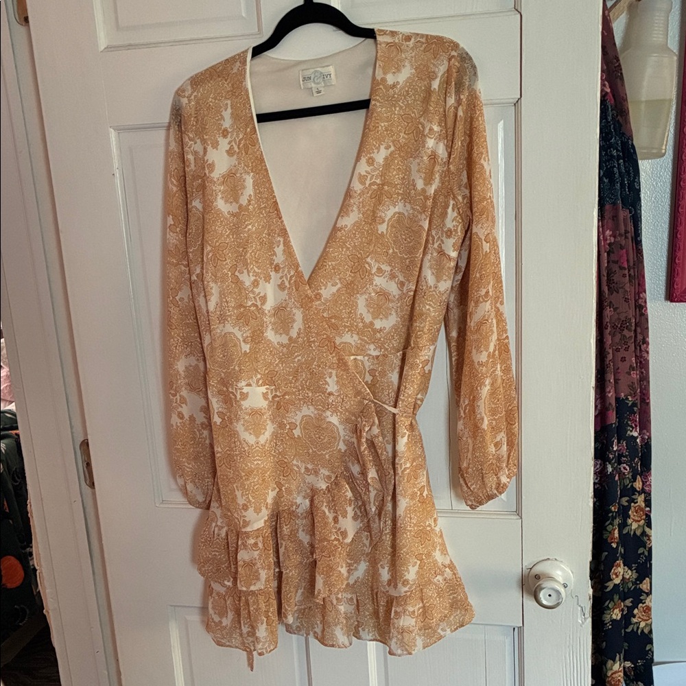 Boho  Tan Floral Mini Dress